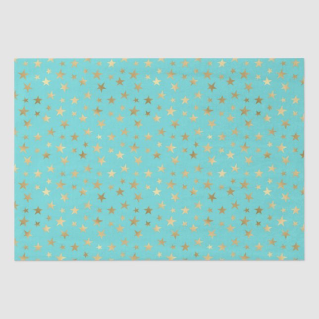 Papel De Seda Patrón de estrellas turquesas y doradas (Anverso)
