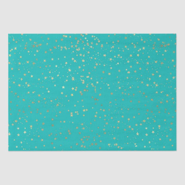 Papel De Seda Patrón de estrellas turquesas y doradas (Anverso)