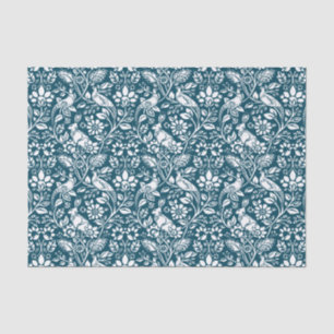 Papel De Seda Patrón de faisán y liebre, azul índigo y blanco