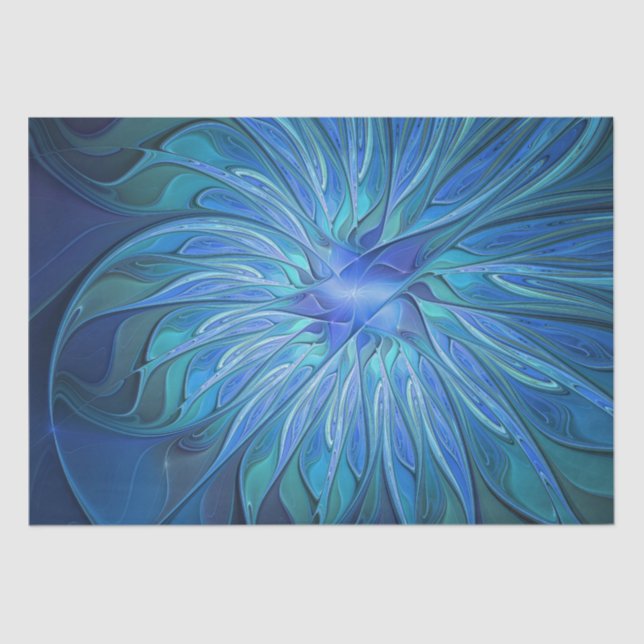 Papel De Seda Patrón de fantasía de flor azul, arte fractal abst (Anverso)