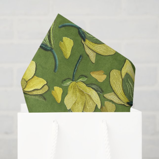 Papel De Seda Patrón de flor de Magnolia verde oliva (Bolsa de regalo)