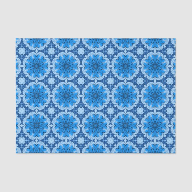 Papel De Seda Patrón de flor geométrica en azul claro y azul cla (Anverso)