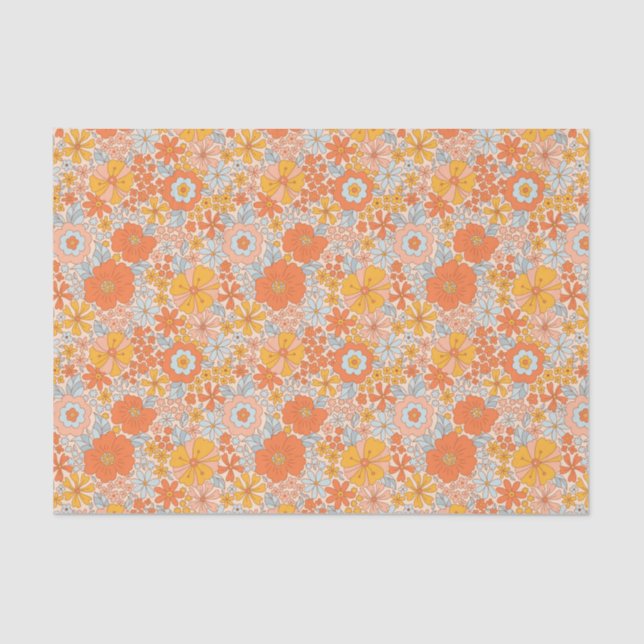 Papel De Seda Patrón de flor retro naranja (Anverso)
