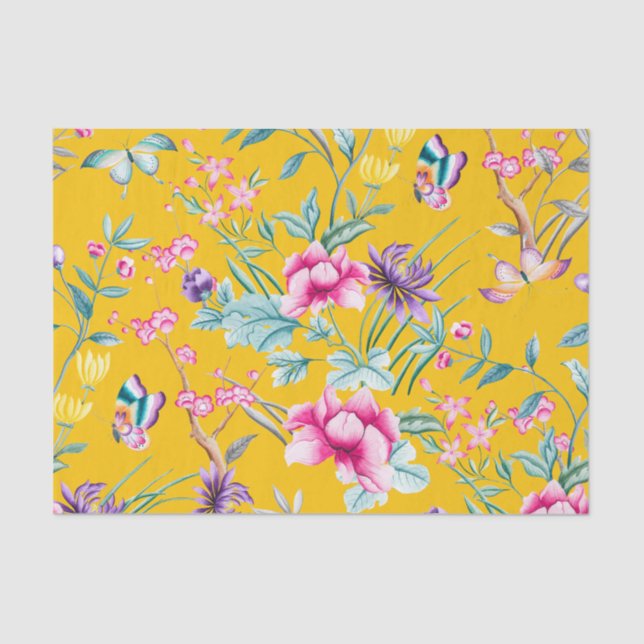 Papel De Seda Patrón de floral y mariposas amarillo mostaza (Anverso)