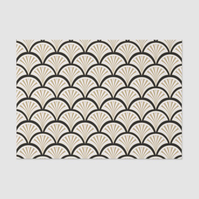 Papel De Seda Patrón de flores beige y negro art-deco (Anverso)