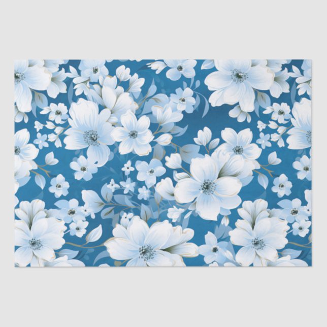 Papel De Seda patrón de flores blancas, fondo azul, (Anverso)