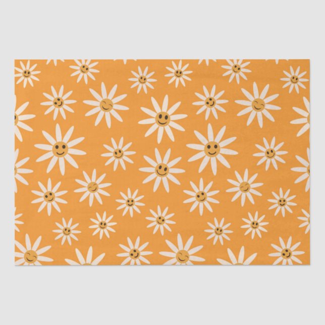 Papel De Seda Patrón de flores blancas retro sonrientes felices (Anverso)