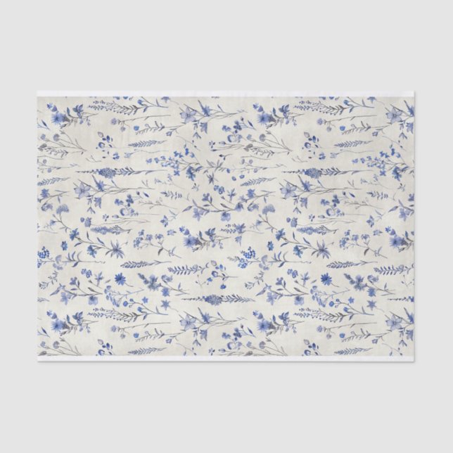 Papel De Seda Patrón de flores botánicas azul acuarela No. 5 (Anverso)