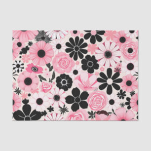 Papel De Seda Patrón de flores botánicas retro rosa y negro