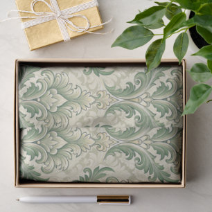 Papel De Seda Patrón de flores botánicas vintage verde y beige