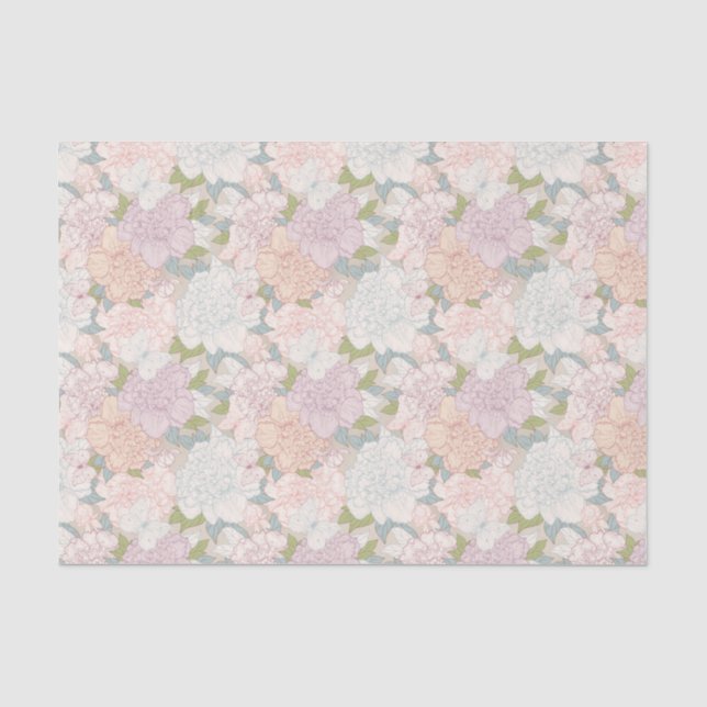 Papel De Seda Patrón de flores de peones y mariposas Pastel (Anverso)