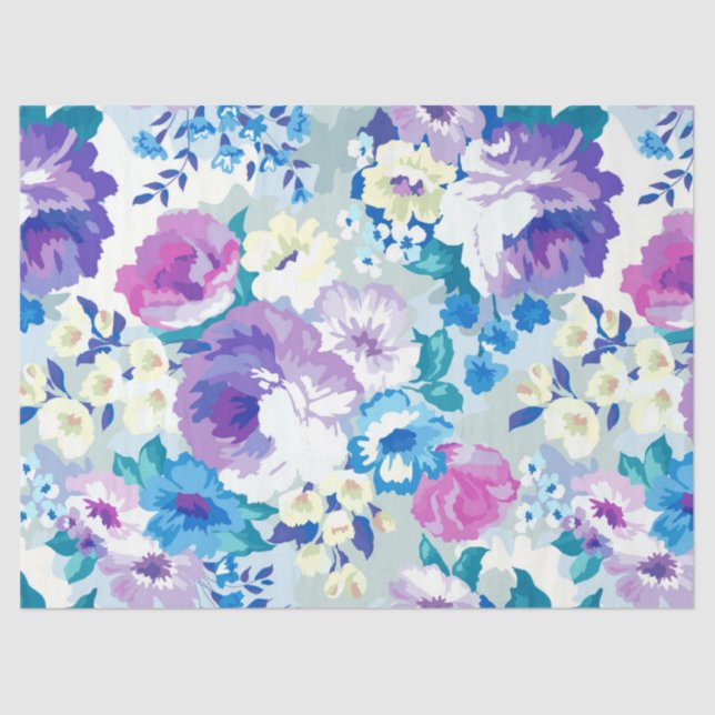 Papel De Seda Patrón de flores de verano azul y blanco rosado (Anverso)