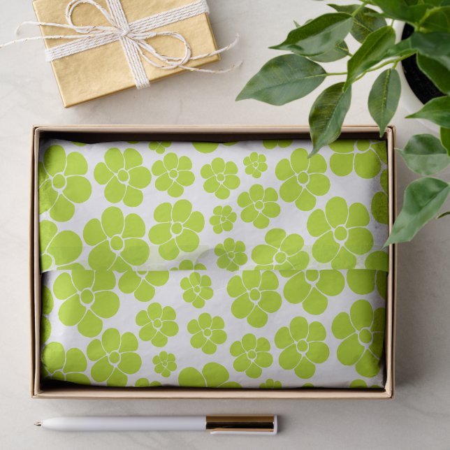 Papel De Seda Patrón de flores en verde lima y blanco  (Regalo )