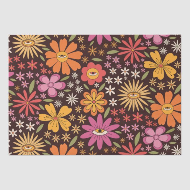 Papel De Seda Patrón de flores psicodélicas hippie de los 70 con (Anverso)
