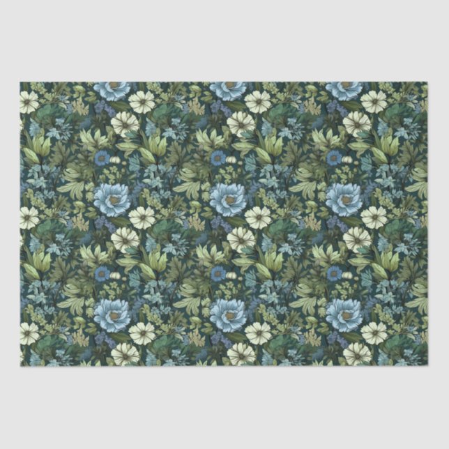 Papel De Seda Patrón de flores silvestres azul y verde victorian (Anverso)