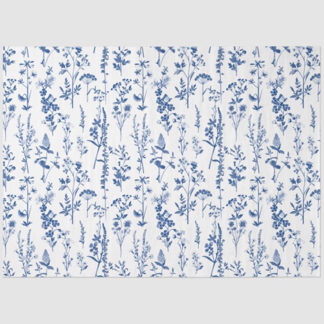 Papel De Seda Patrón de flores silvestres del jardín azul francé (Anverso)