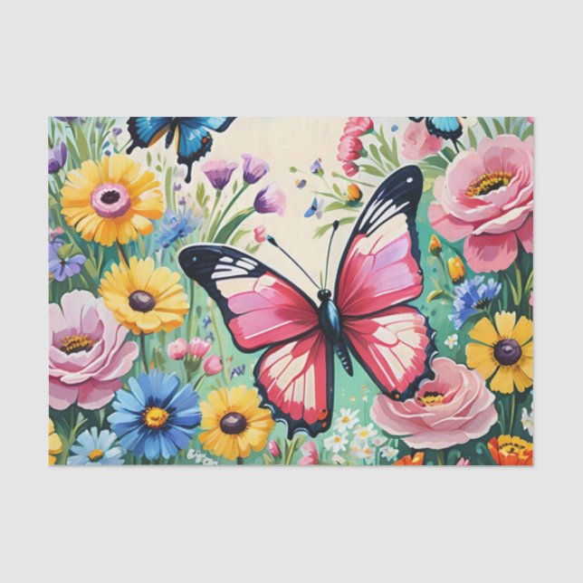 Papel De Seda Patrón de flores vibrantes de primavera en acuarel (Anverso)