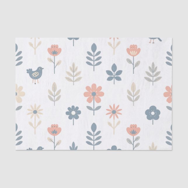 Papel De Seda Patrón de flores y pájaros folk escandinavo (Anverso)