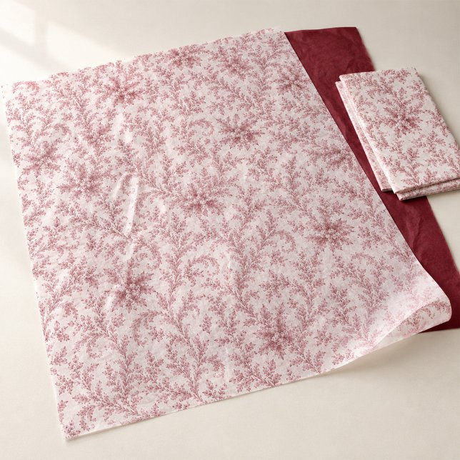 Papel De Seda Patrón de follaje rojo elegante de Navidad (Elegant red Christmas tissue paper with delicate foliage and timeless holiday charm.)