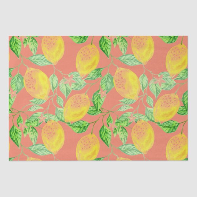 Papel De Seda Patrón de fruta de limón amarillo y rosa melocotón (Anverso)