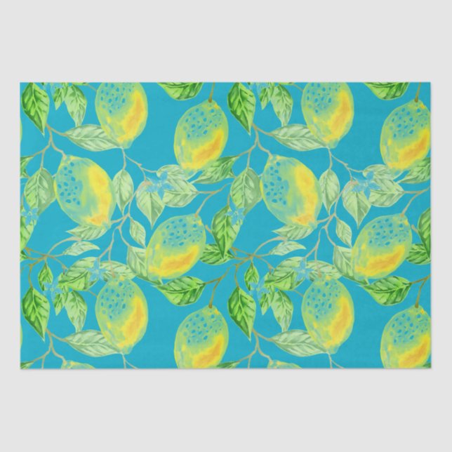 Papel De Seda Patrón de fruta limón azul turquesa (Anverso)