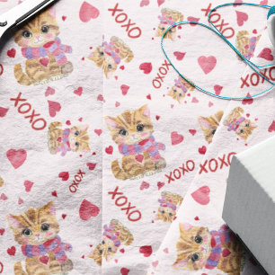 Papel De Seda Patrón de gatito de San Valentín con acuarela XOXO
