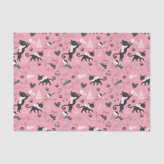 Papel De Seda Patrón de gato Kitty Navidades de invierno (Anverso)