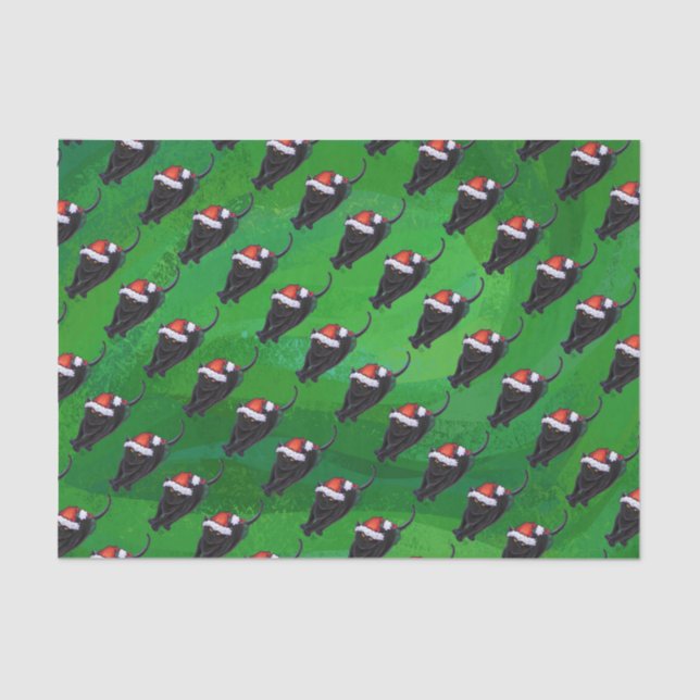 Papel De Seda Patrón de gato negro festivo en verde (Anverso)