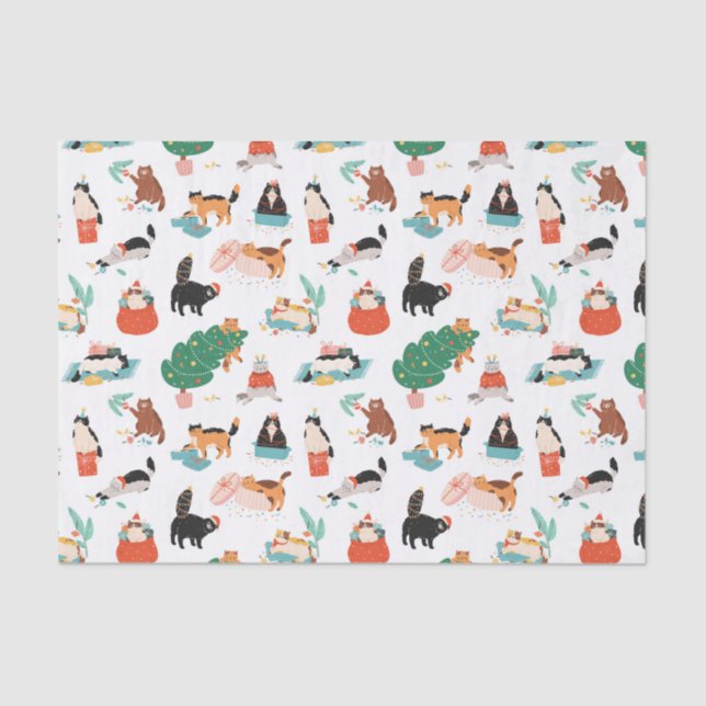 Papel De Seda Patrón de gatos y árboles de Navidad juguetones (Anverso)