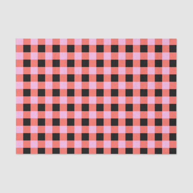 Papel De Seda Patrón de Gingham negro rosado (Anverso)