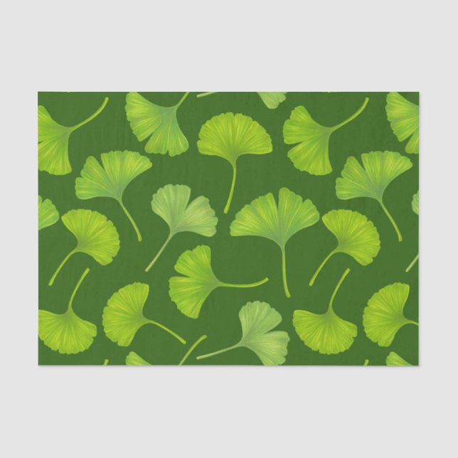Papel De Seda Patrón de Ginkgo en verde oscuro (Anverso)