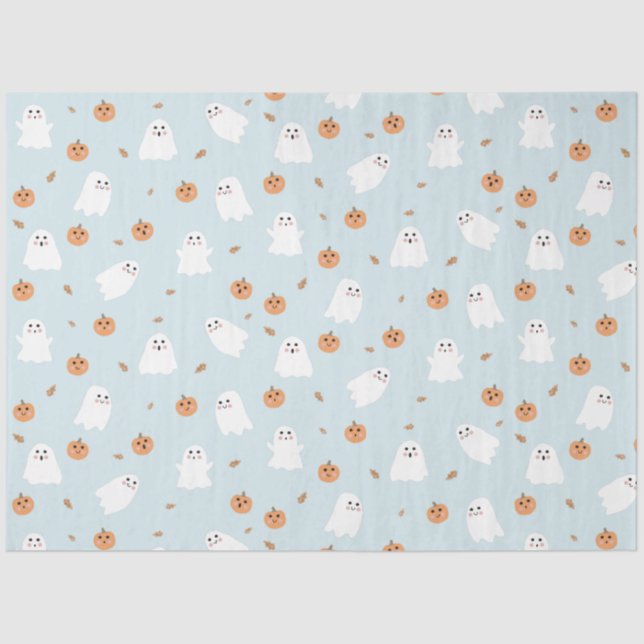 Papel De Seda Patrón de Halloween azul dulce fantasma y calabaza (Anverso)