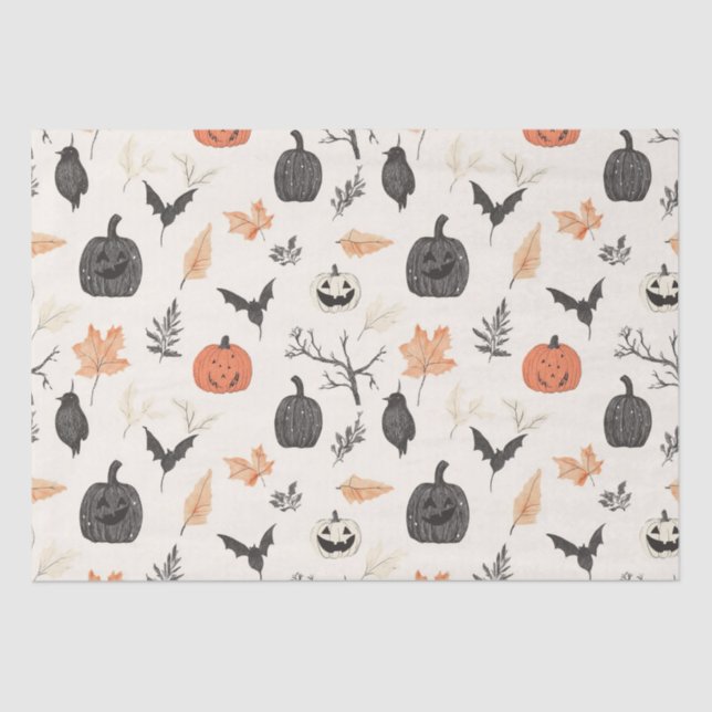 Papel De Seda Patrón de Halloween con calabazas y aves. (Anverso)