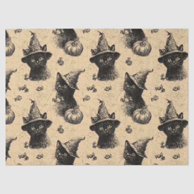 Papel De Seda Patrón de Halloween de Brujas Rústicas de Gato Neg (Anverso)