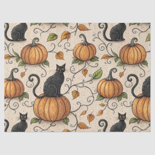Papel De Seda Patrón de Halloween de gatos negros y calabazas (Anverso)