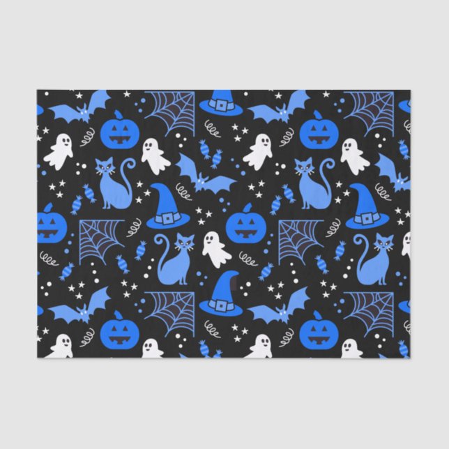 Papel De Seda Patrón de Halloween de ghost de calabaza azul lind (Anverso)