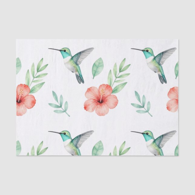 Papel De Seda Patrón de Hibisco Colibrí Turquesa (Anverso)