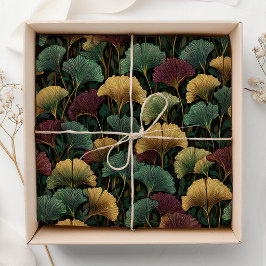 Papel De Seda Patrón de hoja de Ginkgo Burgundy Verde azulado 