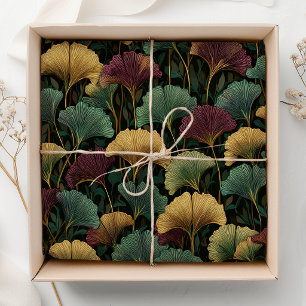 Papel De Seda Patrón de hoja de Ginkgo Burgundy Verde azulado