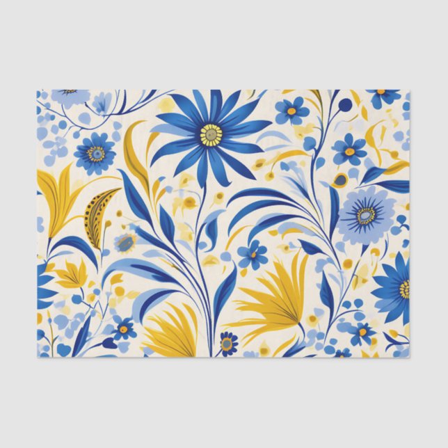 Papel De Seda Patrón de hojas azules y amarillas de flores de ma (Anverso)