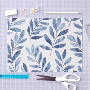 Papel De Seda Patrón de hojas de acuarela elegante azul añil