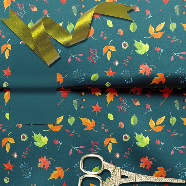 Papel De Seda Patrón de hojas de otoño acuarela Verde azulado Ve (Subido por el creador)