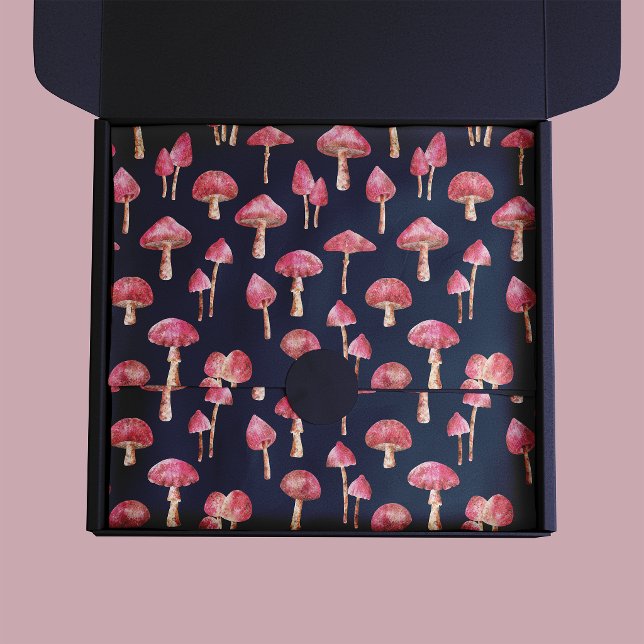 Papel De Seda Patrón de hongo rosa (Pink mushroom pattern tissue paper on dark navy blue background)