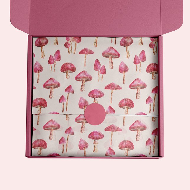 Papel De Seda Patrón de hongos rosados (Pink mushroom tissue paper. Woodland forest botanical watercolor illustration)