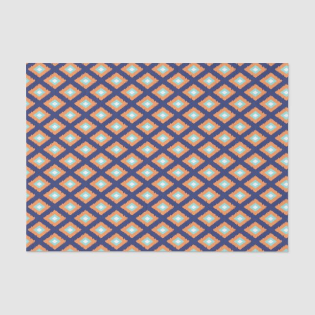 Papel De Seda Patrón de Ikat tribal azul y Naranja (Anverso)