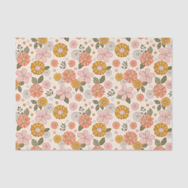 Papel De Seda Patrón de jardín de flores rosadas y Naranjas (Anverso)