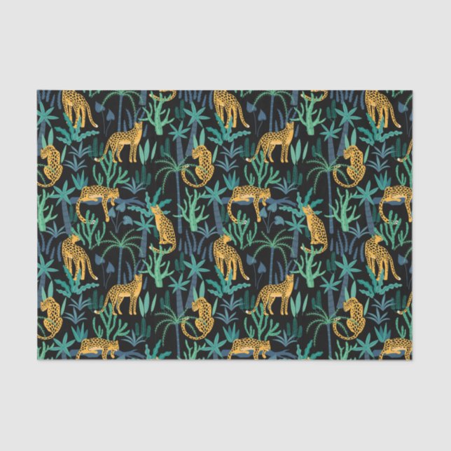 Papel De Seda Patrón de jungla de leopardo con fondo negro (Anverso)