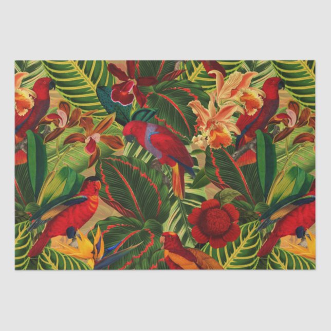 Papel De Seda Patrón de jungla de loros tropicales antiguos (Anverso)