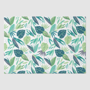 Papel De Seda Patrón De Leafs Verdes Tropicales Variadas En Blan