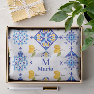 Papel De Seda Patrón de limón de país francés azul Monograma nom